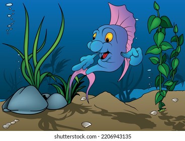 Blue Cute Fish With Yellow Eyes Pointing With His Finger - Colored Cartoon Illustration With Background, Vector