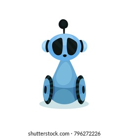 Blue cute friendly robot on wheels, artificial intelligence cartoon vector Illustration