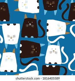 Blue with cute grumpy black and white cats seamless pattern background design.