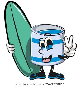 blue cute isolated cartoon paint can character mascot with surfboard and gave a peace sign, work of hand drawn