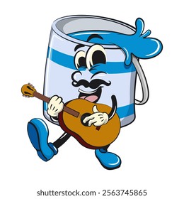 blue cute isolated cartoon paint can character mascot with moustache playing guitar, work of hand drawn