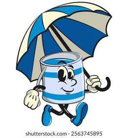 blue cute isolated cartoon paint can character mascot walking with an umbrella, work of hand drawn