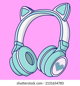 blue cute kawaii headphone with ear cat love logo cartoon vector illustration