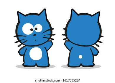 Blue cute kitten front & back character. Vector illustration on white background