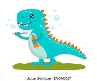 Un lindo y azul pequeño dinosaurio bebé con un cepillo de dientes y pasta sobre hierba verde rodeado de burbujas de jabón. Ilustración aislada vectorial plana.