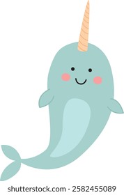 Blue cute narwhal isolated on a transparent background. Underwater funny character