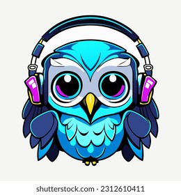 Blue Cute Owl listens to music on headphones. Owl with headphones vector Illustration.