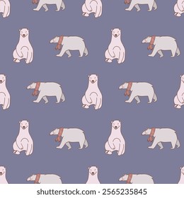 Blue Cute Polar Bear Seamless Pattern. Vector repeat pattern. Great for textiles, and designs for children.