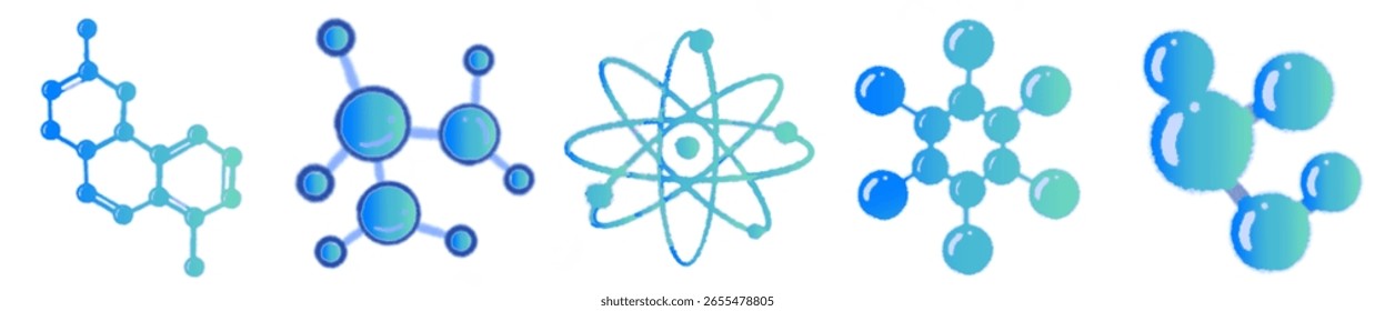 Blue Cute Science Molecule and Atom Icons Set | Educational Chemistry Clipart for Kids, Transparent Background PNG
