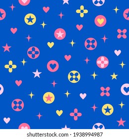 Blue cute seamless pattern with star heart flower and shine symbol.