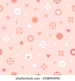 Blue cute seamless pattern with star heart flower and shine symbol.