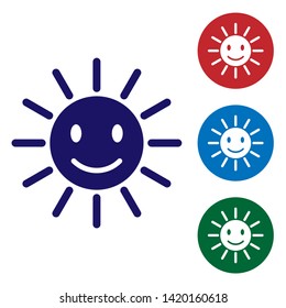 Blue Cute sun with smile icon isolated on white background. Funny smiling sun. Happy sunny smile. Set color icon in circle buttons. Vector Illustration