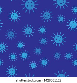 Blue Cute sun with smile icon isolated seamless pattern on blue background. Funny smiling sun. Happy sunny smile. Vector Illustration