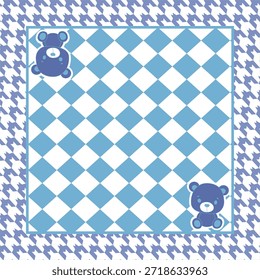Azul lindo oso de peluche a cuadros de pata de gallo de fondo de bufanda cuadrada