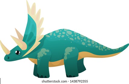 Blue cute triceratops with big eyes full length in profile with white horns and a crest, cartoon style, on a white background, isolated.