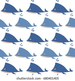 Blue cute whale pattern on white background. Seamless pattern. Vector illustration.