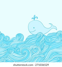 Blue cute whale in the sea waves. Hand-drawn cartoon style illustration. 