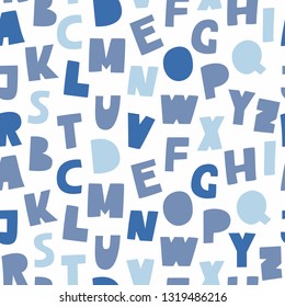 Blue cutout ABC. Cute alphabet seamless pattern. Playful font print for textile, home decor, kids room wall art. Boy playroom poster.