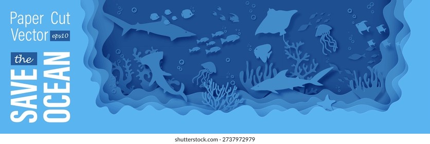 Blue cutout design with stingray hammerhead fish shark jellyfish crab star wave pattern. Ocean bottom reef under life bg. Save the ocean fantasy papercut background features layered underwater scene.