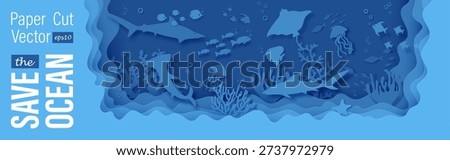 Blue cutout design with stingray hammerhead fish shark jellyfish crab star wave pattern. Ocean bottom reef under life bg. Save the ocean fantasy papercut background features layered underwater scene.