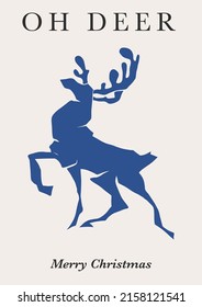 Blue cutout shape reindeer Matisse inspired collage vector illustration. Oh dear wordplay. Merry Christmas greeting postcard with deer for Xmas holiday season gift ideas.