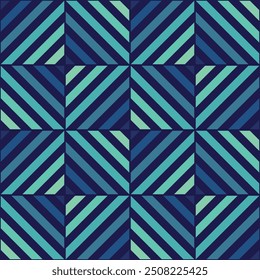 Blue and cyan angular striped checked vector seamless square geometric pattern or texture.