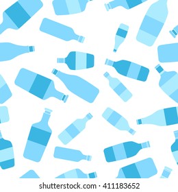 Blue and cyan bottles in flat style. Vector seamless pattern. Endless background.