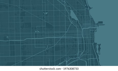 Blue cyan Chicago city area vector background map, streets and water cartography illustration. Widescreen proportion, digital flat design streetmap.