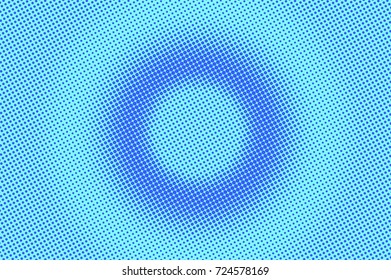 Blue and cyan halftone vector background. Centered dotted pattern. Circle dotted gradient. Pop art design. Winter banner template. Modern halftone texture. Cold color palette abstract background