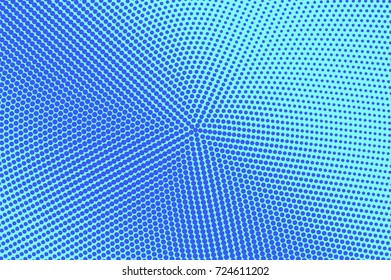 Blue and cyan halftone vector background. Diagonal dotted pattern. Centered dotted gradient. Pop art design. Winter banner template. Modern halftone texture. Cold color palette abstract background