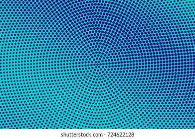 Blue and cyan halftone vector background. Diagonal dotted pattern. Radial dotted gradient. Pop art design. Winter banner template. Modern halftone texture. Cold color palette abstract background