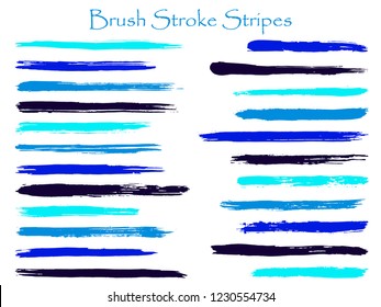 Blue cyan ink brush stroke stripes vector set, cyan horizontal marker or paintbrush lines patch. Hand drawn watercolor paint brushes, smudge strokes collection. Vector ink traces, color combinations.