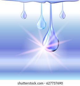 Blue cyan light shiny oil drops and empty place for objects. Gradient mesh. Cosmetic lotion or liquid. Vector illustration stock vector.