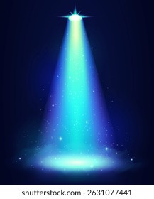 Azul e Cyan Magic Spotlight Beam com faíscas no fundo escuro do palco, Cone brilhante de luz na cena noturna, ilustração vetorial