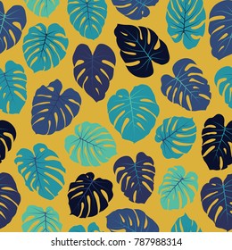 Blue cyan on gold vector tropical pattern with jungle leaves bohemian decor, seamless textile background. Floral jungle ornament with monstera leaf tropical pattern. Philodendron or monstera plant.
