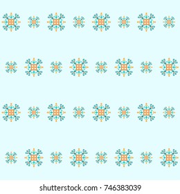 Blue cyan and orange ethnic design with traditional tribal motifs of crooked lines, triangles, squares, circles. Ethnic mayan symbol motifs, geometric pattern. Embroidery style winter clothes pattern.