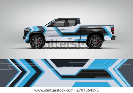 Blue and cyan pickup wrap with layered geometric arrow blocks, creating a clean, modern, and high-tech vehicle appearance. EPS vector included.