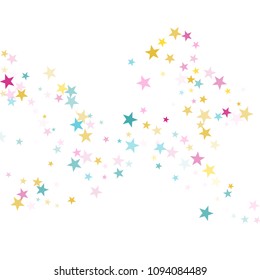Blue cyan pink gold vector star background sparkle pattern. Trendy colored confetti of flying stars, magic geometric sparkles stardust vector background on white. Elegant party design.