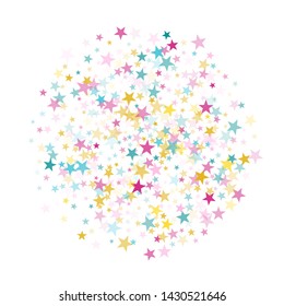 Blue cyan pink gold vector star background sparkle pattern. Colorful confetti of flying stars, magic geometric sparkles on white. Festive party design.
