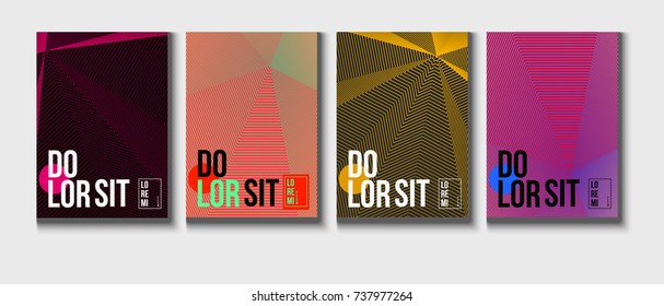 Blue cyan, pink magenta, green red and yellow halftone covers vector template with lines. Vector journal design geometric shape background set, halftone line hipster pattern abstract covers collection