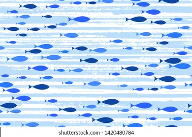 Blue cyan school of fish swimming seamless pattern vector print. Ocean or sea water, line stripes background. Shoal of fishes underwater in the sea. Marine summer seamless pattern design. 