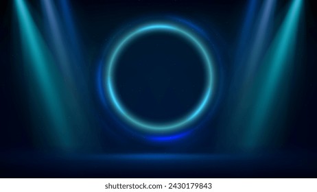 Fondo azul cian. Escenario con fondo de iluminación circular azul cian. Anillo fluorescente claro sobre fondo oscuro. Marco redondo. Círculo brillante. Fondo mostrando productos. Vector
