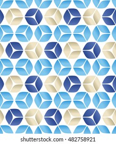 Blue Cyan and Tan Seamless Abstract 3D Square Background with Cubes Arranged in Hexagon Pattern with Gradients