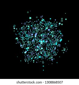 Blue, cyan, turquoise glitter stars, shiny confetti. Scattered little sparkling, glitter elements. Random stellar falling on black background. New Year Christmas background. Vector illustration.