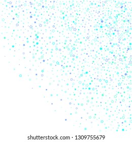 Blue, cyan, turquoise glitter stars, shiny confetti. Scattered little sparkling, glitter elements. Random stellar falling on white background. New Year Christmas background. Vector illustration.
