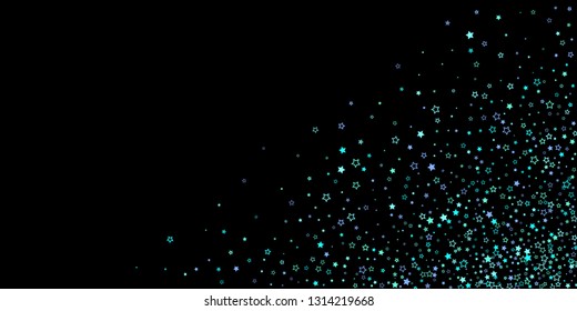 Blue, cyan, turquoise glitter stars, shiny confetti. Scattered little sparkling, glitter elements. Random stellar falling on black background. New Year Christmas background. Vector illustration.