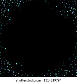 Blue, cyan, turquoise glitter stars, shiny confetti. Scattered little sparkling, glitter elements. Random stellar falling on black background. New Year Christmas background. Vector illustration.