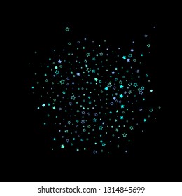 Blue, cyan, turquoise glitter stars, shiny confetti. Scattered little sparkling, glitter elements. Random stellar falling on black background. New Year Christmas background. Vector illustration.