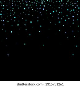 Blue, cyan, turquoise glitter stars, shiny confetti. Scattered little sparkling, glitter elements. Random stellar falling on black background. New Year Christmas background. Vector illustration.