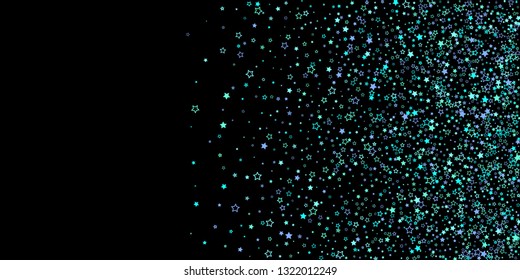 Blue, cyan, turquoise glitter stars, shiny confetti. Scattered little sparkling, glitter elements. Random stellar falling on black background. New Year Christmas background. Vector illustration.